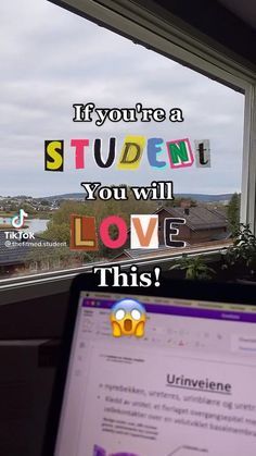 a laptop computer sitting on top of a desk in front of a window with the words, if you're a student your will love this