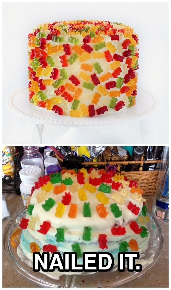 two cakes with gummy bears on them and one has the words nailed to it