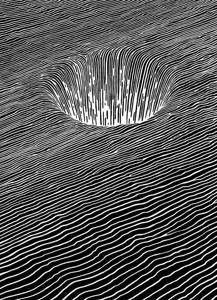 an abstract black and white image with wavy lines in the middle, as if it were floating on water