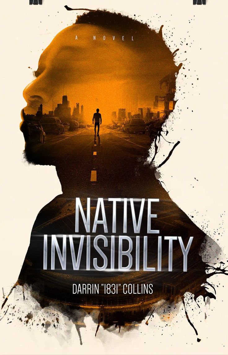the poster for native invisibity featuring a man standing on a road with an orange sky behind him