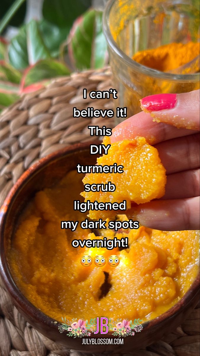 someone is holding their hand up to a bowl filled with food and the words i can't believe it this diy tumeric lightened my dark spots overnight