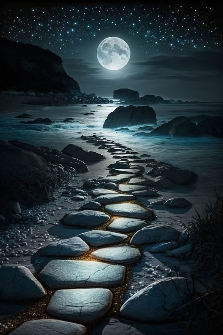 a path made out of rocks leading to the ocean under a full moon with stars in the sky