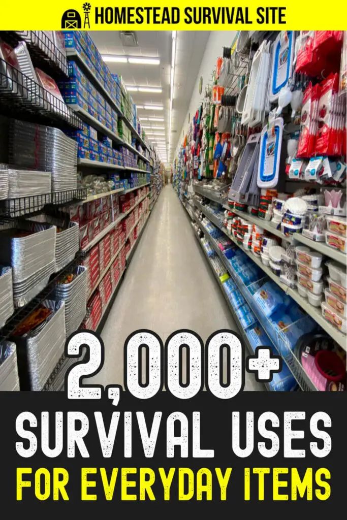 two hundred survival uses for everyday items in the grocery aisle with text reading 2, 000 + survival uses for everyday items