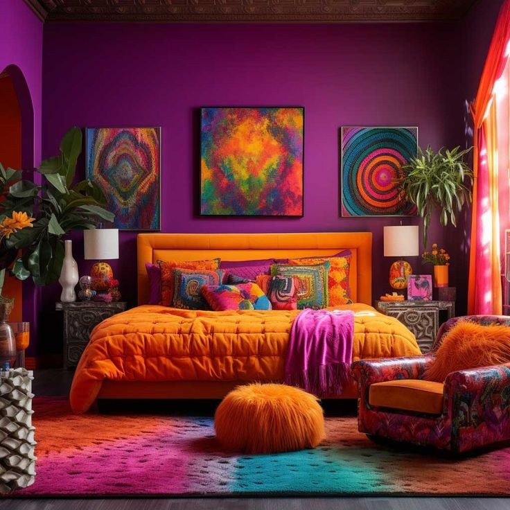 a bedroom with purple walls, orange bedding and colorful art hanging on the wall