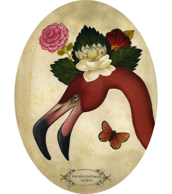 a painting of a bird with flowers and butterflies on it's head, in front of a black background