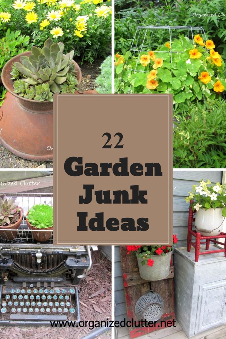 garden junk ideas including an old typewriter, flowers and plants