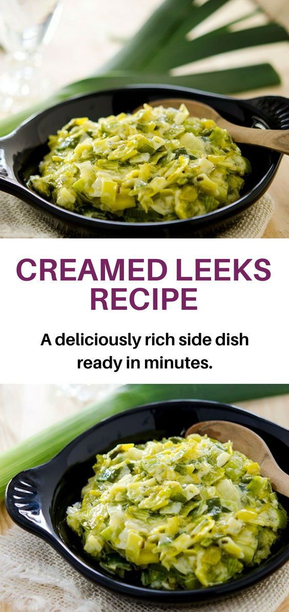 the recipe for creamy creamed leeks is shown in two separate pans with spoons