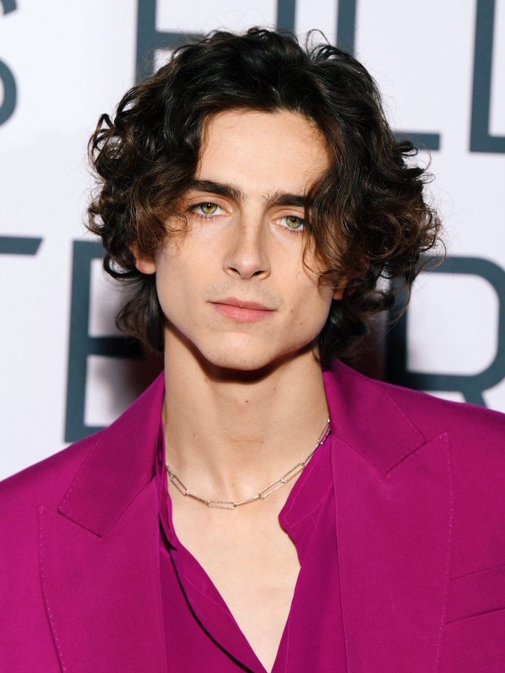 a young man with curly hair wearing a purple suit and diamond necklace at an event