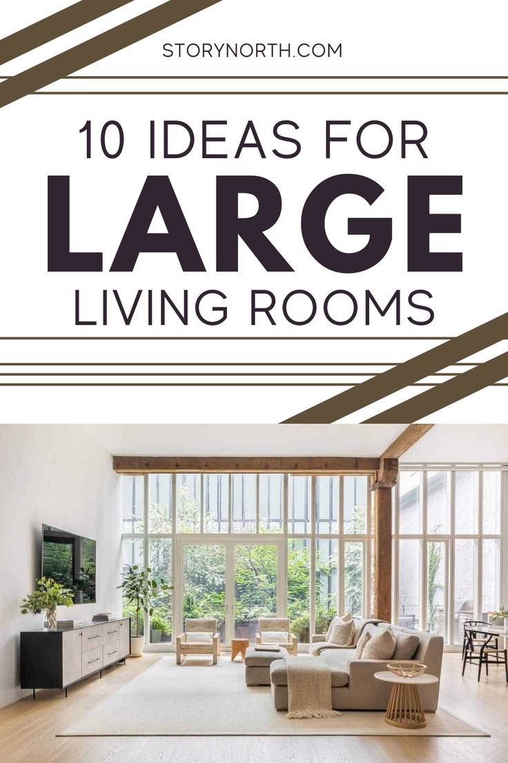 an open living room with large windows and wooden floors is featured in the article 10 ideas for large living rooms