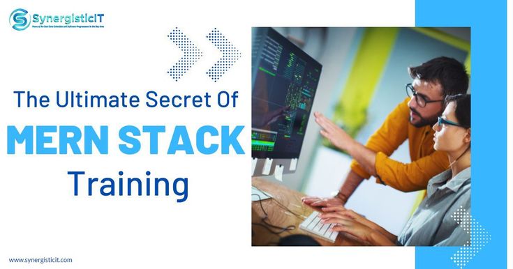 the ultimate secret of mern stack training for beginners and experienced it professionals, with an image of two people working on a computer
