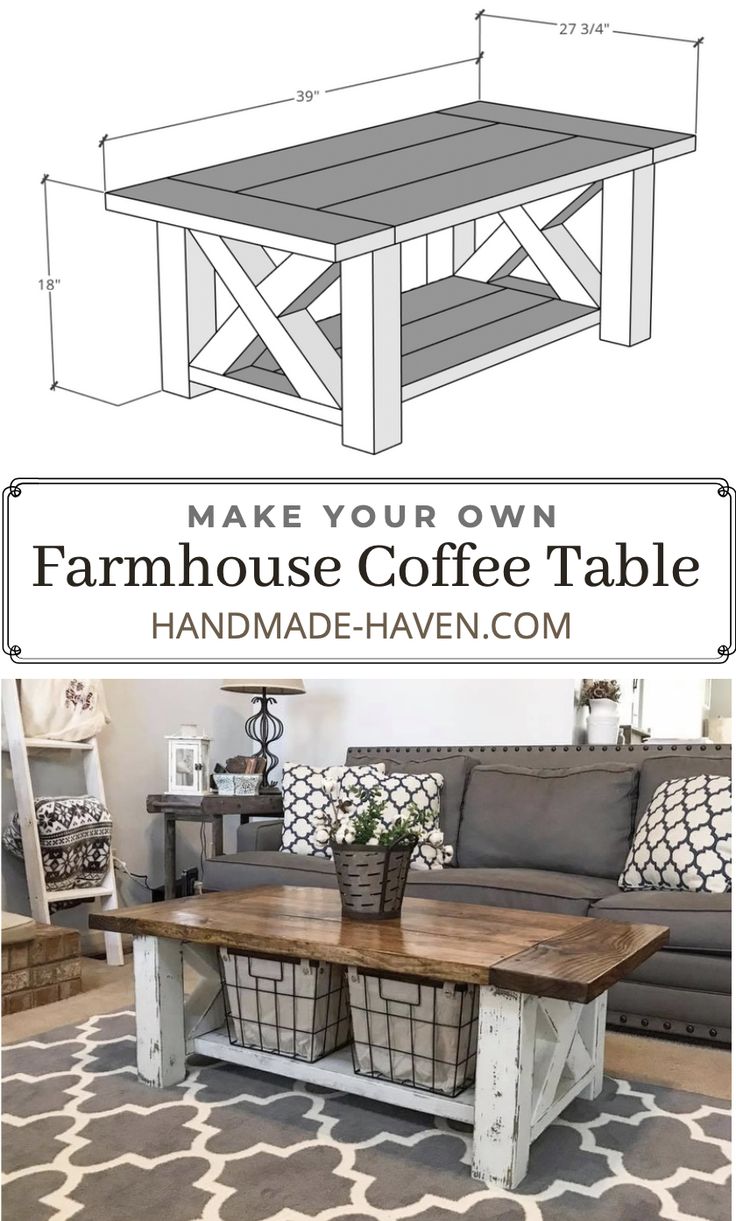 the farmhouse coffee table is made from wood and has two baskets under it on top