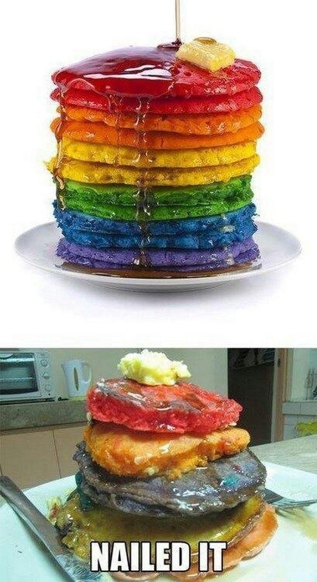 a stack of pancakes sitting on top of a white plate next to a rainbow cake