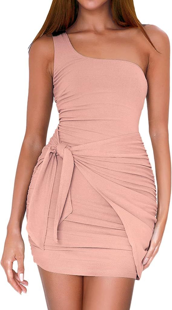 Women's One Shoulder Bodycon Dress Cocktail Party Club Ruched Stretchy Tie Waist Mini Dress Lazy Outfits, Summer, Pink, Tight Mini Dress, Sequin Bodycon Dress, Skin Tight Dresses, Tight Dresses, Tan Mini Dress, Mini Dress Formal
