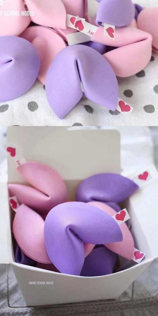 there are two pictures of purple and pink doughnuts in a box with hearts on them
