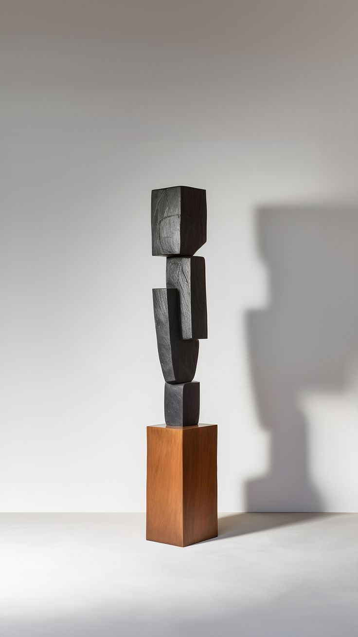 a sculpture made out of black and brown blocks on top of a wooden block in front of a white wall