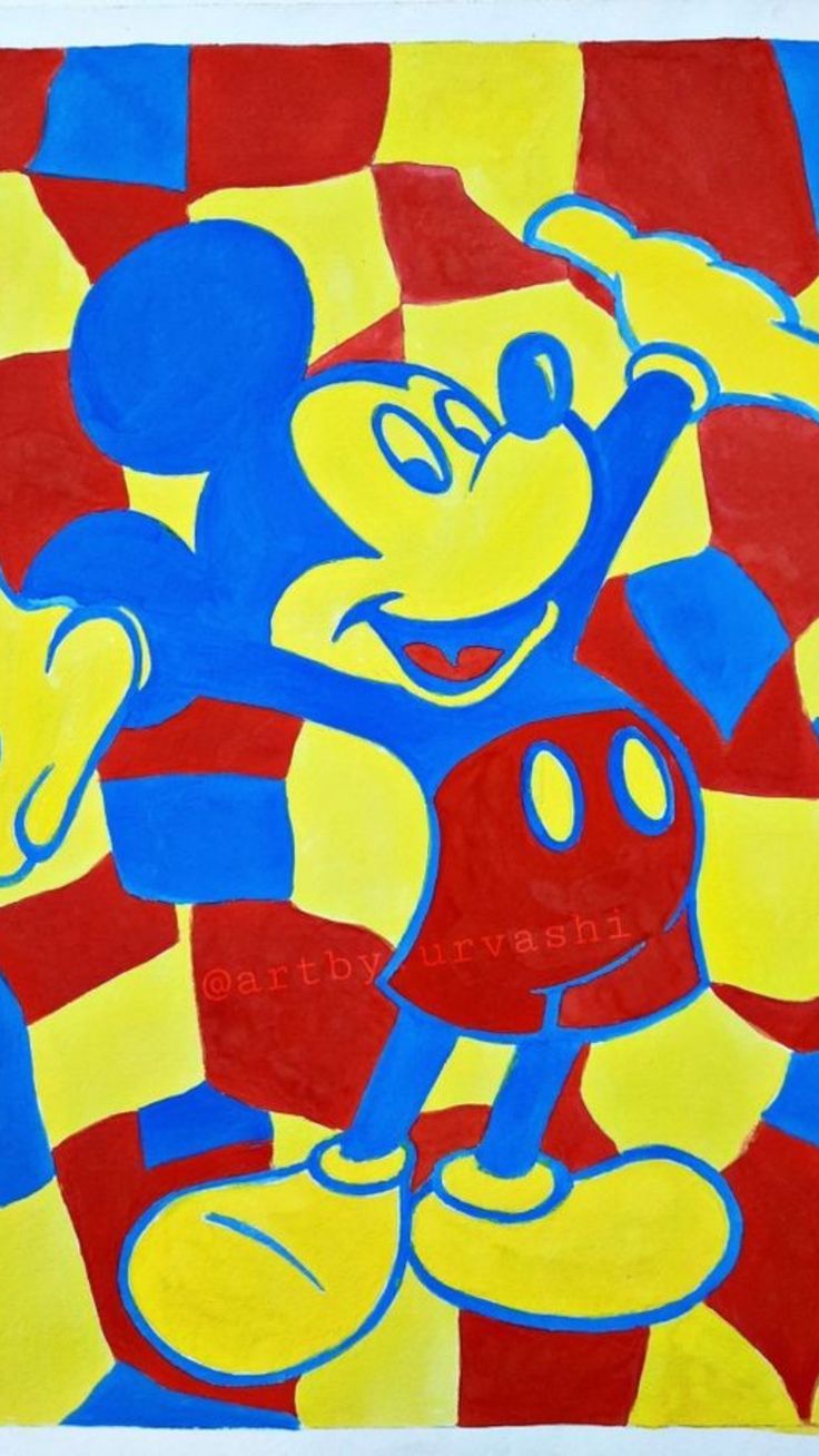 a painting of mickey mouse on a red, yellow and blue checkered background