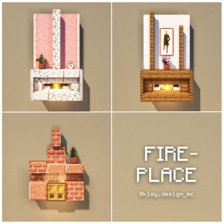 four different pieces of furniture made out of lego bricks and paper with text that reads fire - place
