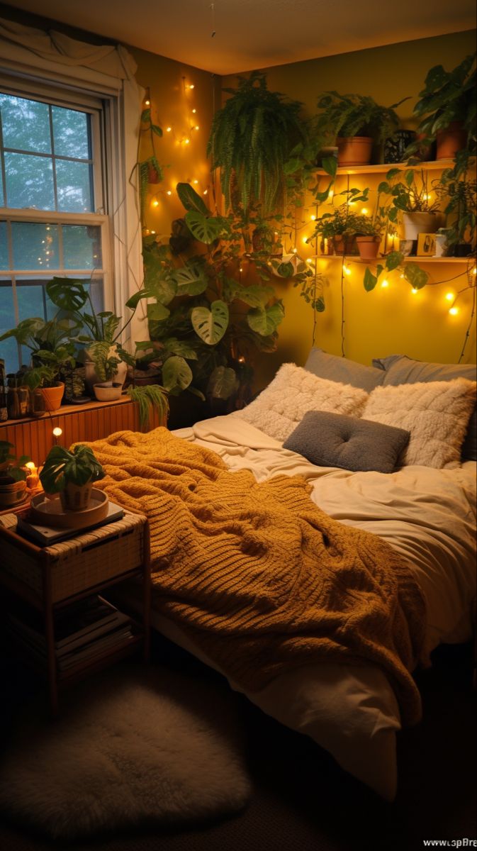 a bedroom with plants and lights on the wall