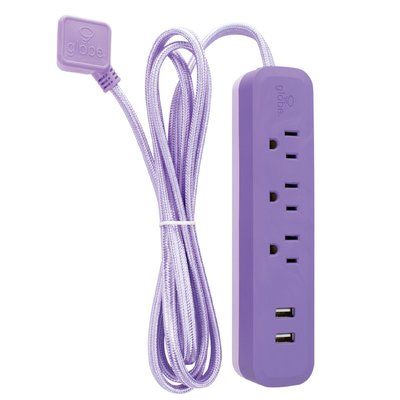 the purple power strip is plugged into an outlet
