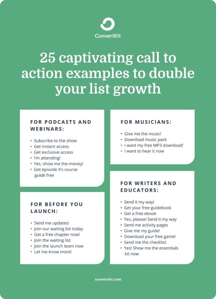 a green poster with the words 25 captivating call to action examples to double your list growth