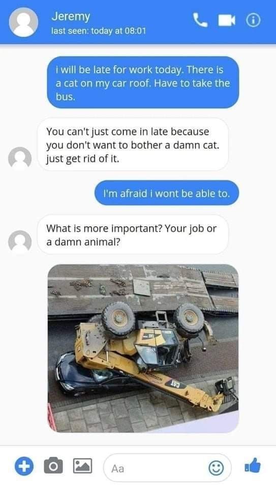 two texts that have been written to someone on their cell phones, one has an image of a tractor and the other says it's not
