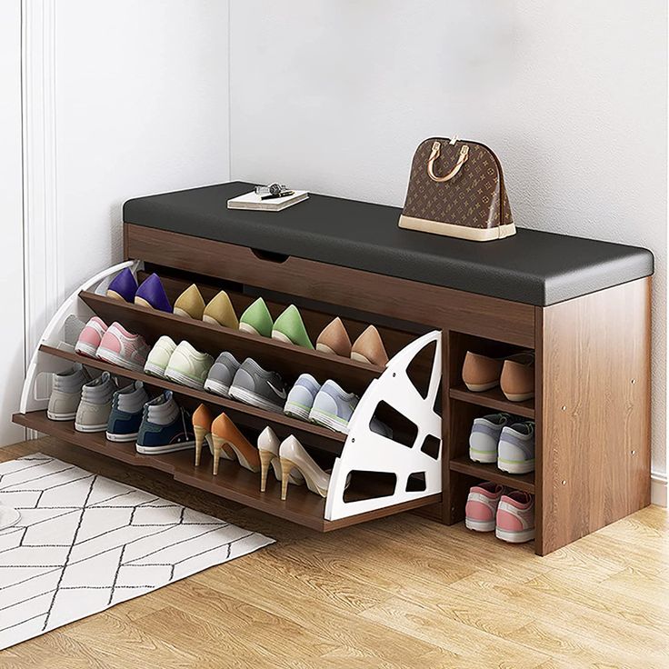 a shoe rack with many pairs of shoes on it