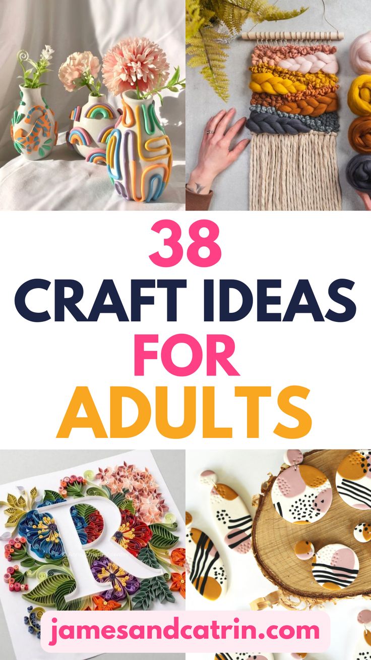 some crafts that are on display with the words, 28 craft ideas for adults