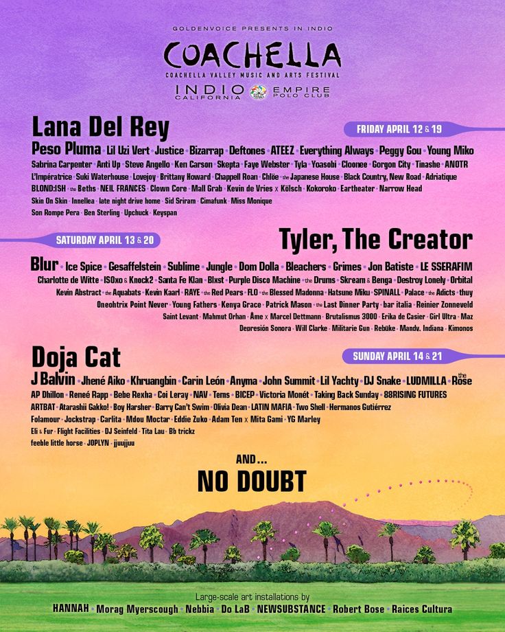the coachella tour poster is shown in purple and pink tones, with palm trees