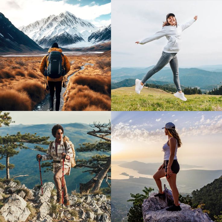 four different pictures of people on top of mountains
