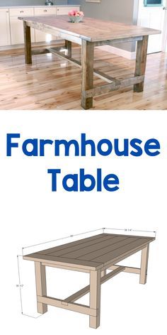 the plans for a farm house table are shown in blue and white, with text overlay