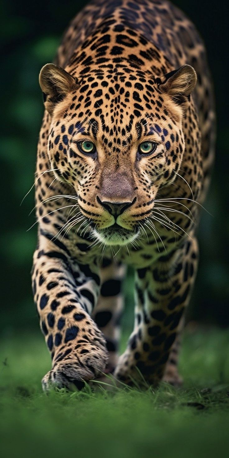 a large leopard walking across a lush green field