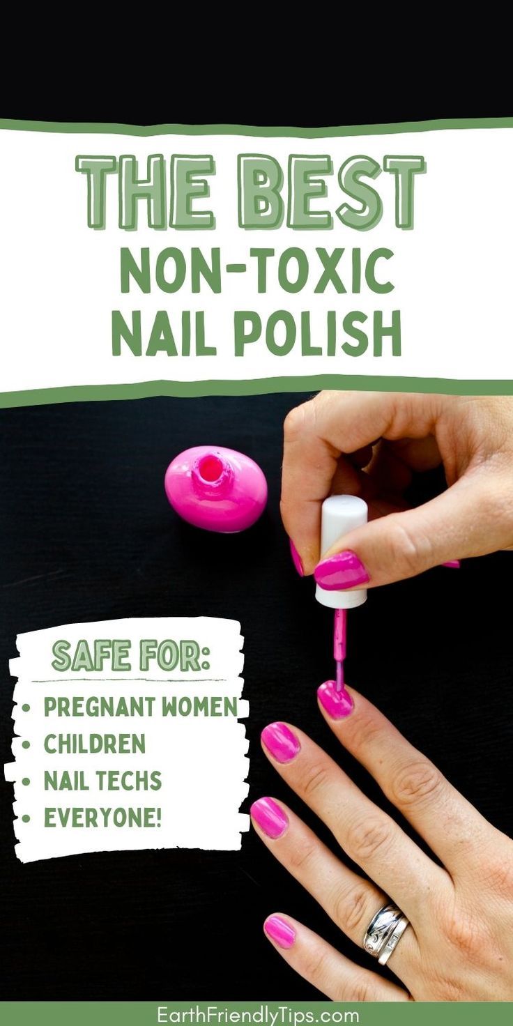 Picture of woman painting her nails pink on black background with text overlay The Best Non-Toxic Nail Polish Safe For: Pregnant Women, Children, Nail Techs, Everyone!