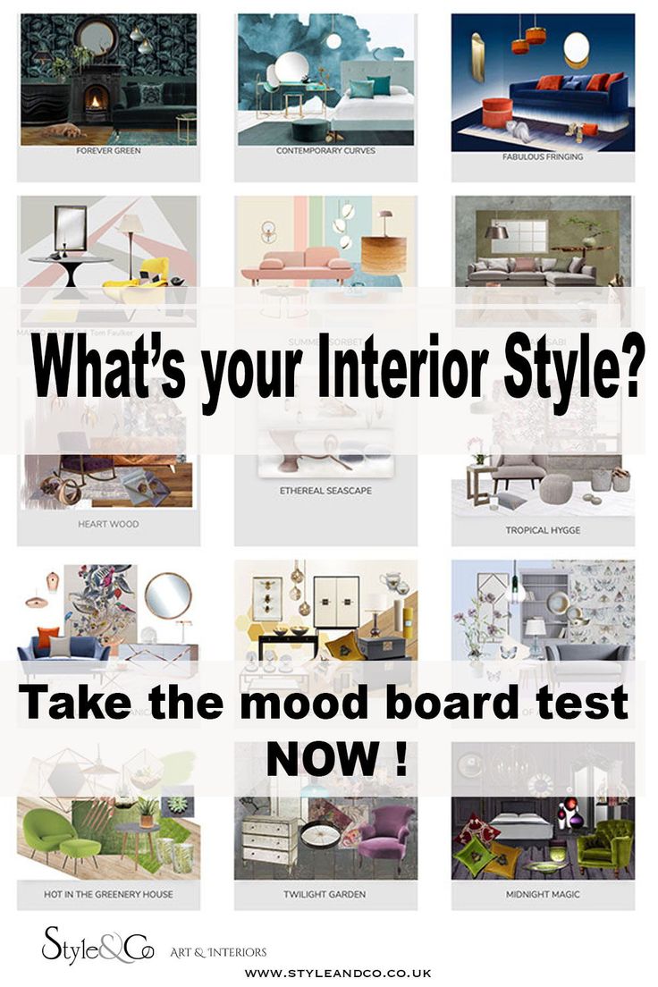an advertisement with different types of furniture and text that reads, what's your interior style? take the mood board test now