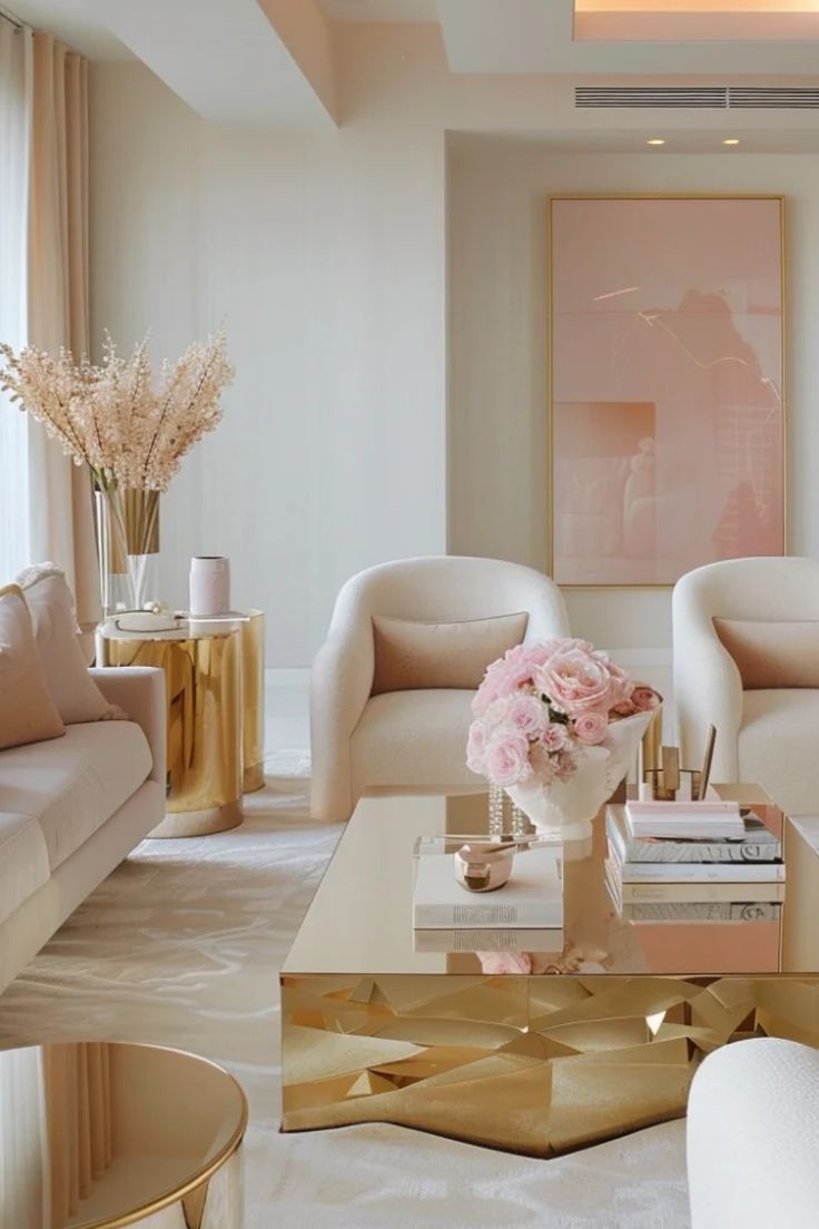 Elegant living room with pastel color scheme, featuring plush seating, gold accents and a bouquet of pink roses on a geometric coffee table. Girly Apartment Decor, Room Decor Bedroom, Girly Apartment Ideas, Glam Apartment Decor, Girly Living Room, Room Decor, Living Room Decor Apartment, Bedroom Wall, Girly Apartment