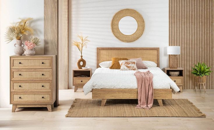 a bed room with a neatly made bed and wooden dressers next to a mirror
