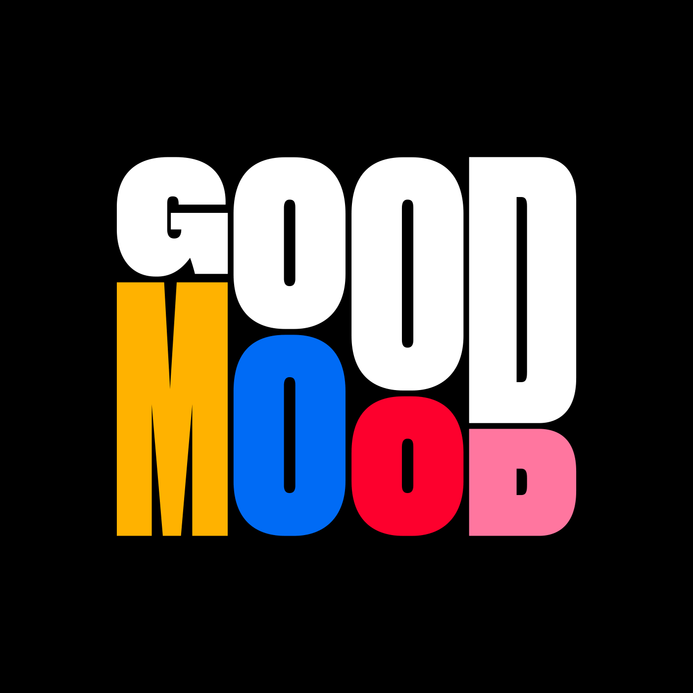 the words good mood written in multicolored letters on a black background with white outline