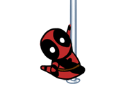 a deadpool character hanging from a pole