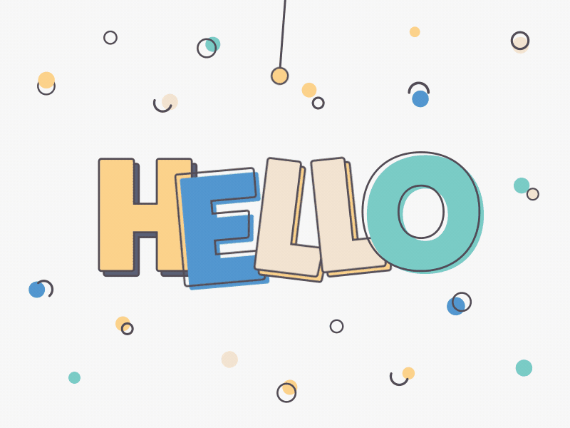 the word hello spelled out with bubbles and confetti around it on a white background
