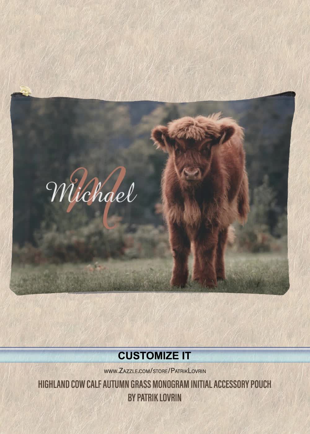 This contains an image of: Highland cow calf autumn grass monogram initial accessory zipper pouch by Patrik Lovrin, Zazzle bag