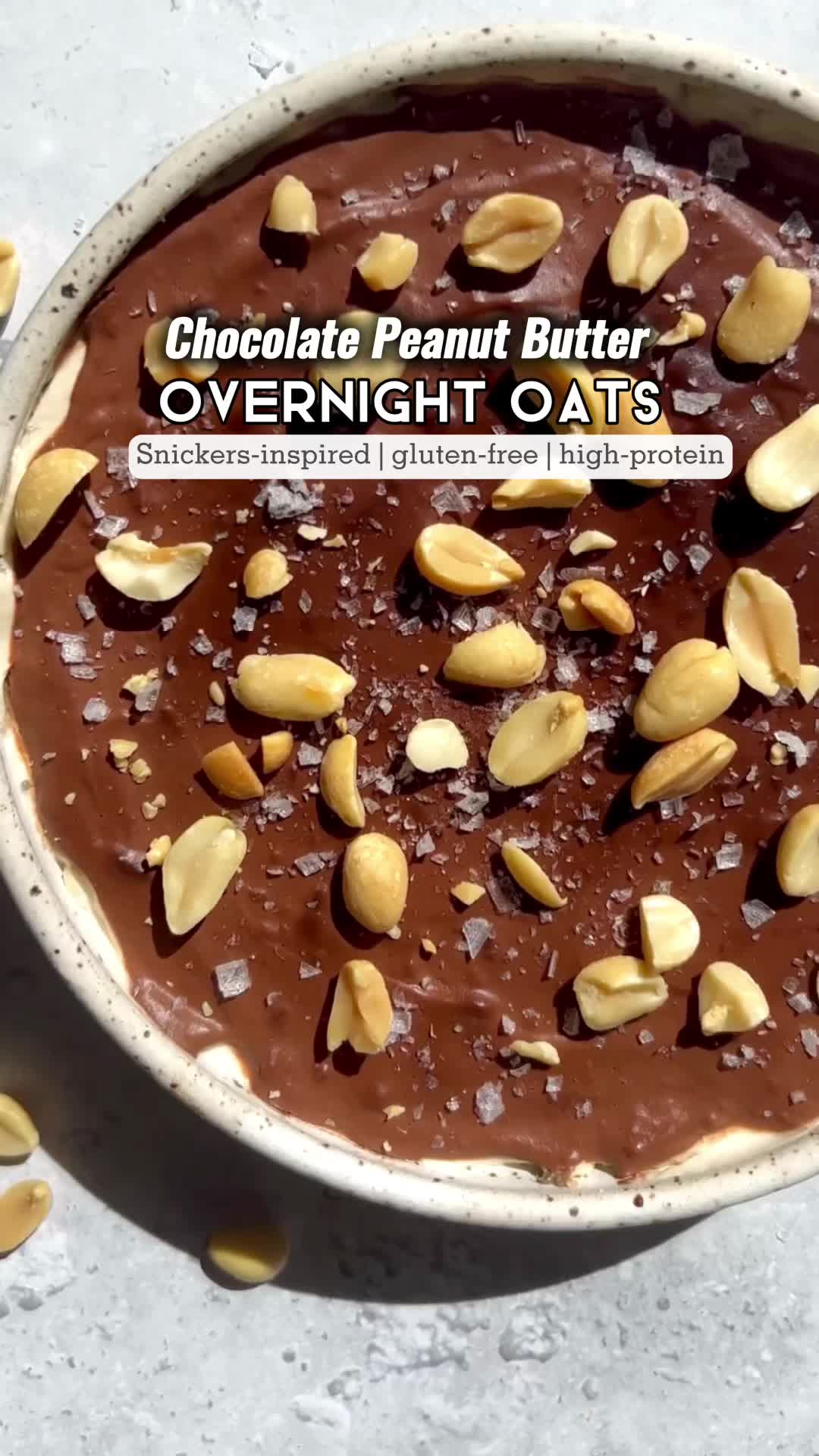 This may contain: chocolate peanut butter overnight oats in a bowl