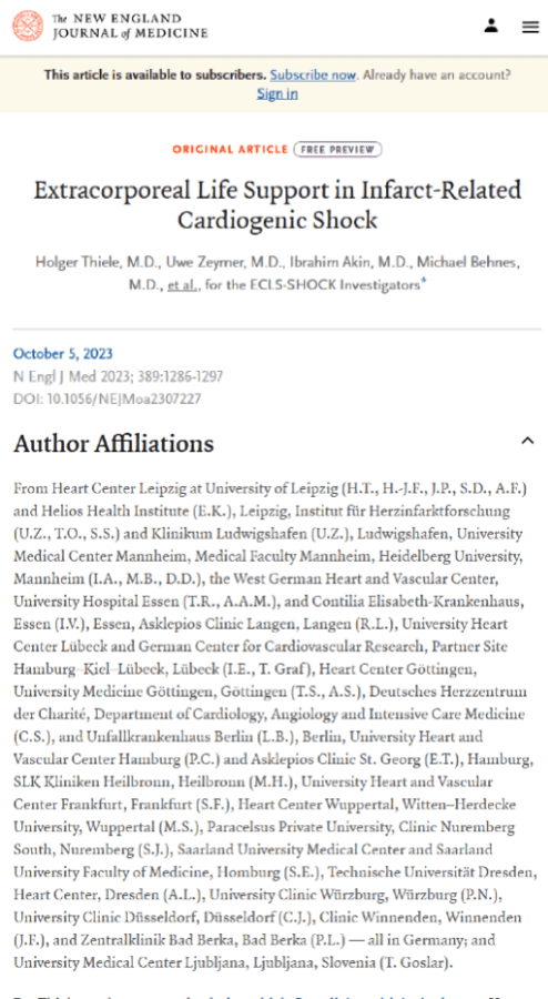 Screenshot of the affiliations of a paper from the New England Journal of Medicine's website.