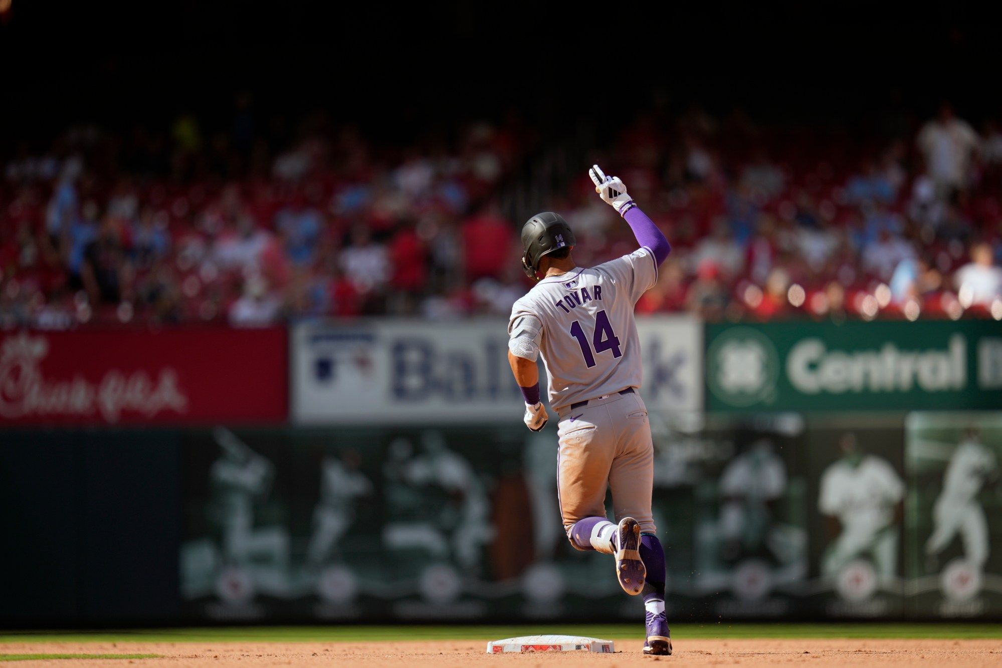Colorado Rockies' Ezequiel Tovar celebrates after hitting a two-run home run during the seventh inning of a baseball game against the St. Louis Cardinals Saturday, June 8, 2024, in St. Louis. (AP Photo/Jeff Roberson)
