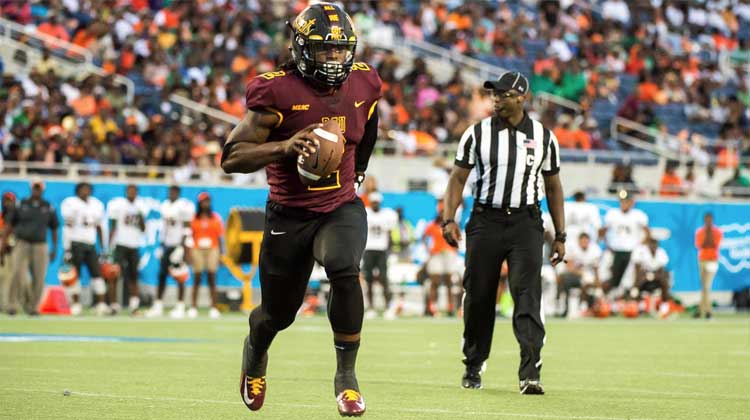 Bethune-Cookman's running back Larry Brihm, Jr. rushes for a fourth-quarter touchdown during the Florida Classic game in Orlando, FL.