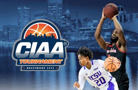 Female and male basketball players in action with CIAA Tournament logo and Baltimore 2024 backdrop.
