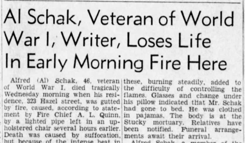 Headline from <em>Missoulian</em> article about Al Schak's death, November 15, 1945.
