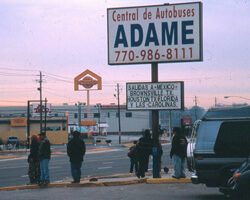 Adame Bus Station in Chamblee with routes from Atlanta to cities and towns in Mexico. Chamblee, Georgia. Photo by Mary Odem, 2001