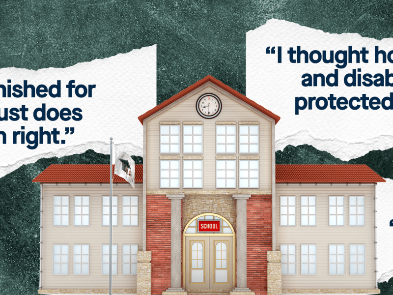 An illustration shows a school building with pieces of paper sticking out of it with quotes like "Being punished for poverty just doesn't seem right." written on them.