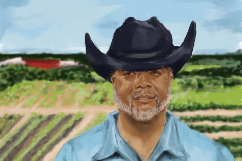 An illustration of Nate Bradford Jr. He is wearing a black cowboy hat and there is farmland in the background.