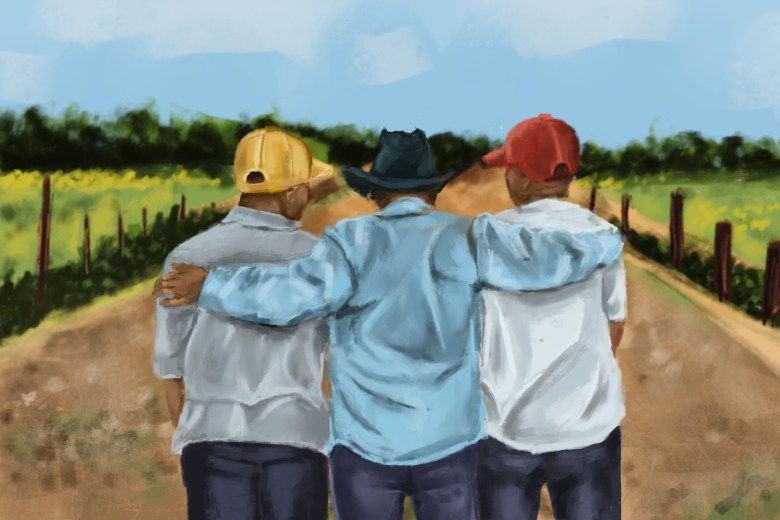 An illustration of Nate and his sons on his farm looking out.