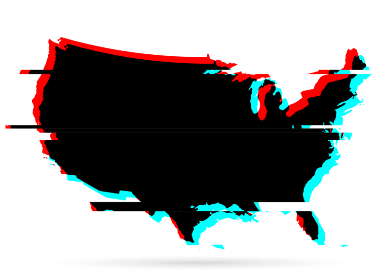 A map of the United States is in black. The map is slightly distored, highlighting some red and blue parts.